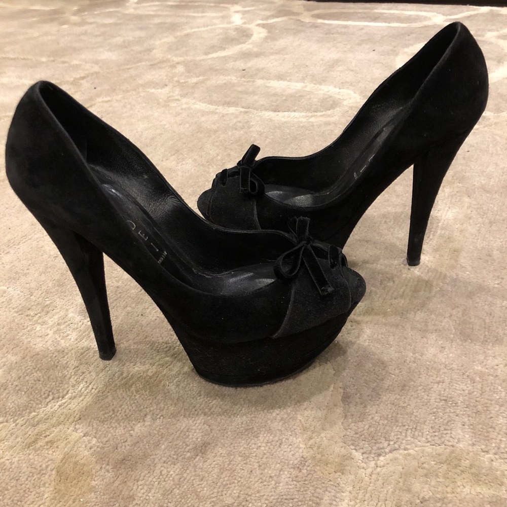Casadei Black Bow Suede Peep Toe Platform Pumps